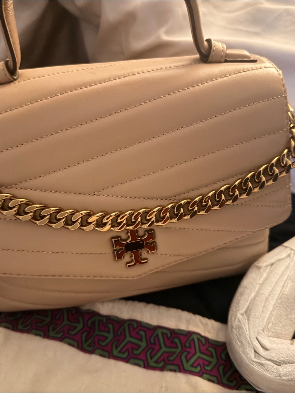 Tory Burch Quilted Cream Shoulder Bag with Gold Chain